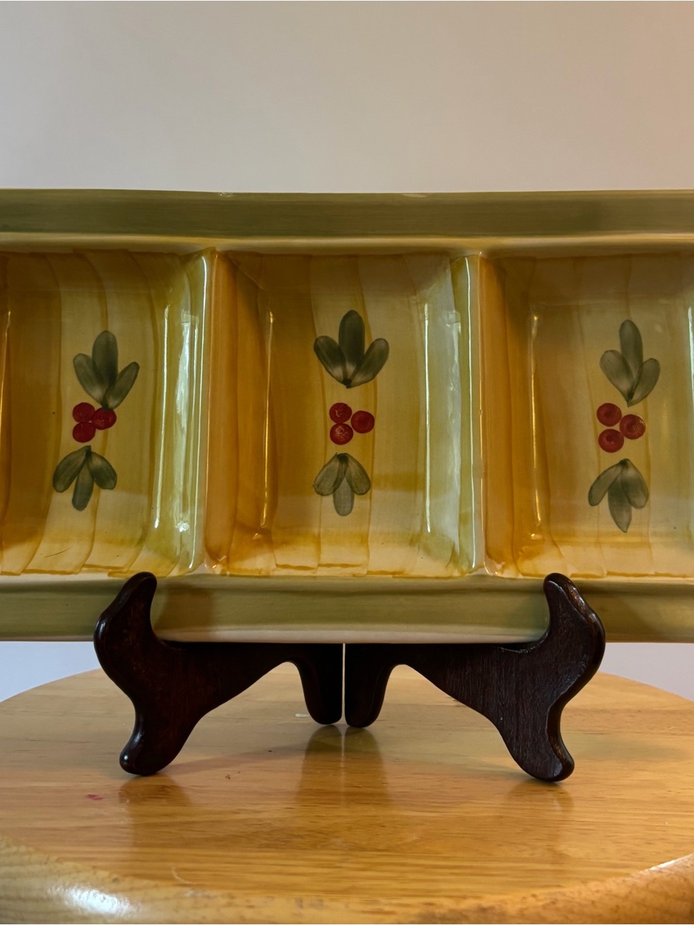 Yellow Three-Compartment Ceramic Serving Tray with Olive & Berry Motif